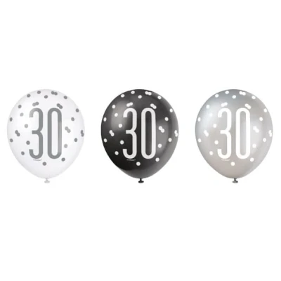 Abbildung von Ballons 30 Jahre Glitzschwarz Silber 6 Stück