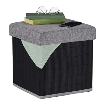 Abbildung von Relaxdays Sitzhocker mit Stauraum, gepolstert, faltbar, Bambus, Stoff, HxBxT: 36 x 35 cm, Sofahocker, schwarz/grau