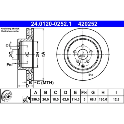Abbildung von ATE 24.0120 0252.1 Bremsscheibe 350,0 20,0 5 114,3 Belüftet beschichtet INFINITI: Q70, FX SUV, Q50 Limousine