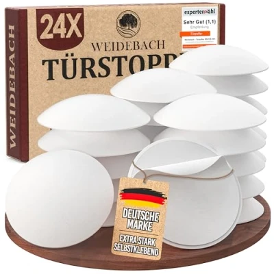 Abbildung von WEIDEBACH® 24x dezente Türstopper Wand, weiße Türpuffer, 40x9 mm Wand selbstklebend, Elastikpuffer für jede Oberfläche, Gummistopper, Türpuffer Puffer
