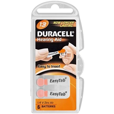 Abbildung von Duracell Hörgerätebatterien EasyTab Langlebige 1,4 Volt Zink Luft Batterien Größe 13 Sichtverpackung mit 6 Stück Oranges Etikett