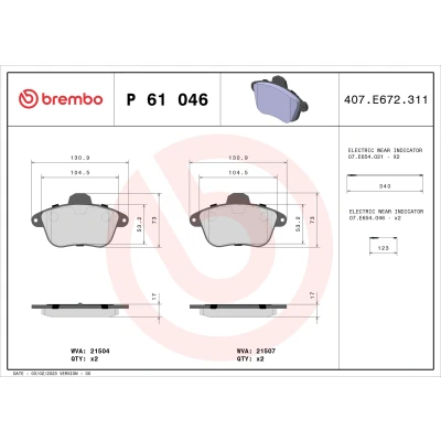 Abbildung von BREMBO P 61 046 Bremsbelagsatz inkl. Verschleißwarnkontakt ohne Zubehör RENAULT: CLIO 2, CITROËN: XM I Schrägheck, II Kombi