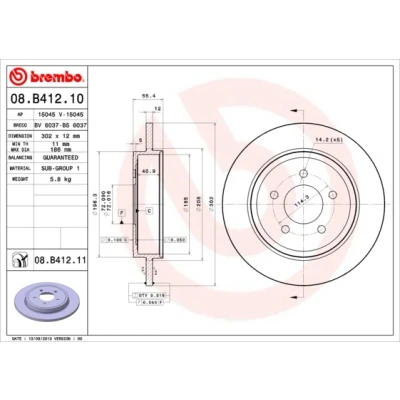 Abbildung von BREMBO COATED DISC LINE 08.B412.11 Bremsscheibe 302 12 5 voll beschichtet FORD: Maverick SUV, MAZDA: Tribute Station Wagon, FORD USA: Escape I