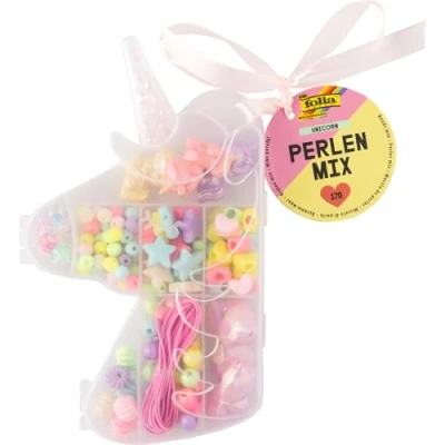 Abbildung von folia 32021 Perlen Mix UNICORN, 170 Stück in verschiedenen Formen und Farben, 2 m Gummiband zum auffädeln Aufbewahrungsbox