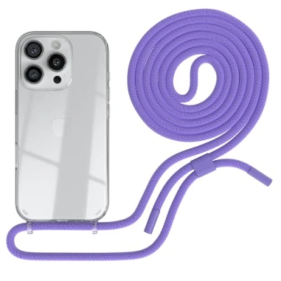 Abbildung von EAZY CASE Handykette kompatibel mit iPhone 16 Pro dünne Handyhülle für Apple Hülle Band als Fallschutz Kette zum Umhängen transparente Silikon in Lila Transparent