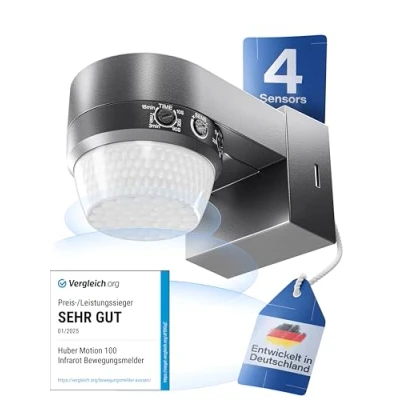Abbildung von HUBER Motion 100 Infrarot Bewegungsmelder 360 mit 4 Sensoren und Fresnel Linse IP65 LED geeignet I inkl. Unterkriechschutz &amp; Bereichsbegrenzung, Wand /Deckenmontage, anthrazit