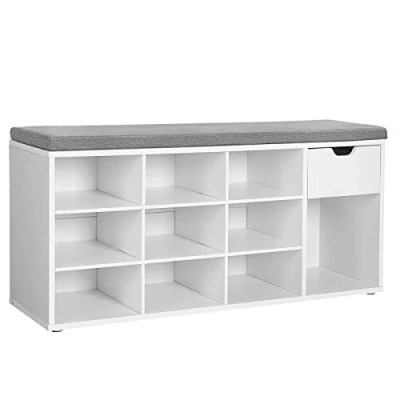 Abbildung von VASAGLE Schuhbank, Schuhregal mit Schublade und offenen Fächern, Sitzbank, gepolsterter Sitz, Flur, Schlafzimmer Eingangsbereich, 30 x 104 48 cm, weiß grau LHS24WT
