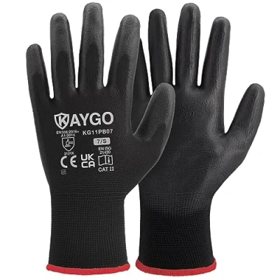 Abbildung von KAYGO 12 Paar Arbeitshandschuhe für Herren Damen, PU beschichtet Schutzhandschuhe, antirutsch Griff an Handflächen und Fingern, Geeignet DIY allgemeine Arbeit Gartenarbeit (Schwarz, S, Gr 7)