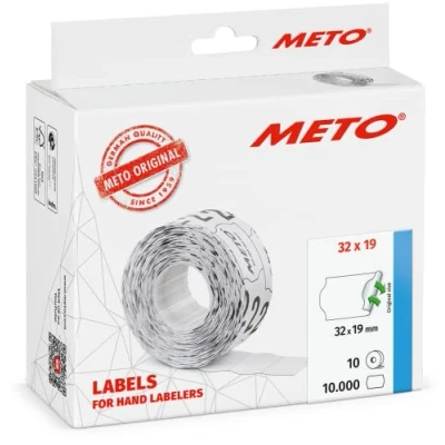 Abbildung von Meto Etiketten für Handauszeichner (32x19 mm, 2 zeilig, 10.000 Stück, weiß, wiederablösbar, METO, Contact, Sato, Avery, Tovel, Samark etc.)
