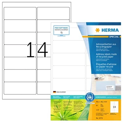Abbildung von HERMA 10731 Recycling Etiketten, 80 Blatt, 99,1 x 38,1 mm, 14 pro A4 Bogen, 1120 Stück, selbstklebend, bedruckbar, matt, blanko Papier Klebeetiketten Aufkleber, natur weiß