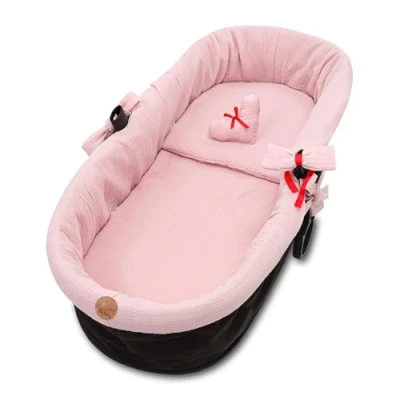 Abbildung von Umrandung Musselin für Kinderwagen Bezug Babywanne Nestchen Kinderwagenzubehör set 3 teilig mit Kissen und Matratze Rosa
