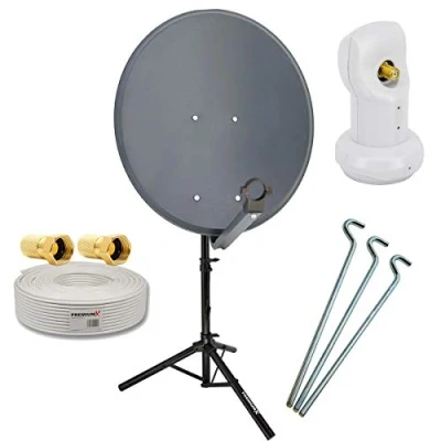 Abbildung von PremiumX Camping Satelliten Komplettanlage 60cm Antenne SAT Single LNB 10m Antennenkabel Dreibein Stativ 3X Stahl Heringe