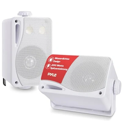 Abbildung von Pyle Wasserdichte Lautsprecher 3.5 Zoll 200 Watt 3 Wege Wetterfeste Mini Box, Weiß, PLMR24