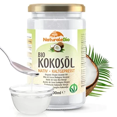 Abbildung von NaturaleBio bio Kokosöl 1000ml Nativ. kaltgepresst und Rein. Herkunftsland Sri Lanka. Organic Raw Virgin Coconut Oil.