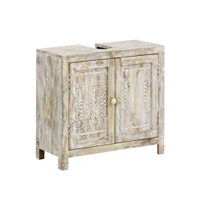Abbildung von Woodkings® Waschbeckenunterschrank Holz Mango rustikal Bitna Waschtischunterschrank massiv Badmöbel Natur weiß patiniert Badezimmer Badezimmerschrank Badschrank Bad Unterschrank Massivholz