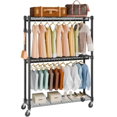 Abbildung von VEVOR 3 lagiger Rollbarer Kleiderständer Garderobenständer Kleiderstangen, 204 cm Höhe Stahl 182 kg Belastbar, Strapazierfähig Ständer für Schlafzimmer, Wäscheraum, Ankleidezimmer usw.
