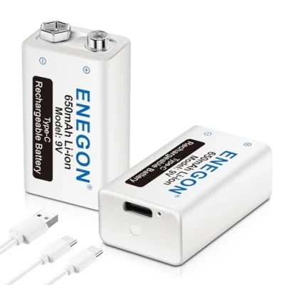 Abbildung von ENEGON 9V Block 650mAh Li ion 6F22 Wiederaufladbare Batterie mit 2 in 1 Micro USB Kabel Ladegerät für Mikrofon, Rauchmelder, elektronisches Spielzeug, Walkie Talkie und andere Geräte (2 Stück)