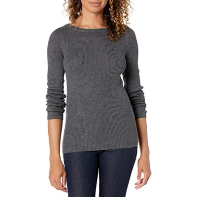 Abbildung von Amazon Essentials Damen Leichter, Gerippter Langarm Pullover mit U Boot Ausschnitt in schmaler Passform, Dunkelgrau Meliert, M