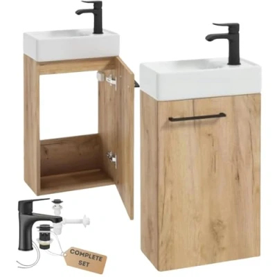 Abbildung von Deftrans Domodomo Badezimmerschrank mit Waschbecken, Waschbeckenschrank 40 x 60 21,3 cm, Keramik Waschbecken Set, Wanddschrank für kleines Bad (Eiche + Waschtischarmatur Schwarz)