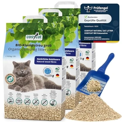 Abbildung von COSYCAT Klumpendes Bio Katzenstreu aus Holz [100% Natürlich] in der Toilette entsorgbar Klumpstreu pflanzlich Holzstreu (GROB, 60 l (3 x 20 l))