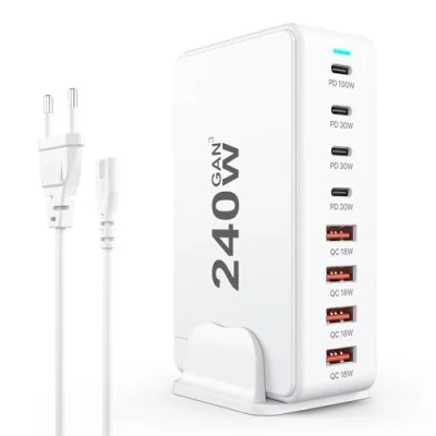 Abbildung von USB C Ladegerät, 240W GaN Netzteil, PD Schnellladegerät 8 Port Ladestation, Power Adapter kompatibel mit iPhone/Samsung/Google/Laptop/Tablet und Anderen Geräten.