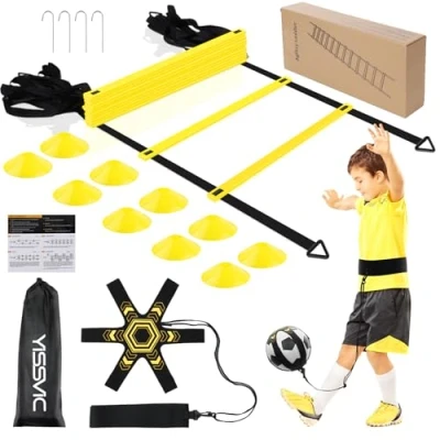 Abbildung von Yissvic Fussball Trainingszubehör Koordinationsleiter Geschenke Jungen mit Kick Trainer 6m Trainingsset 10 Hütchen 4 Erdnägel Gelb