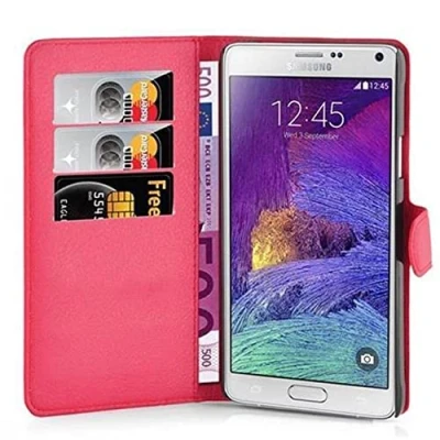 Abbildung von Cadorabo Hülle kompatibel mit Samsung Galaxy Note 4 Handyhülle aus Premium Kunst Leder Flip Klappbare Stoßfeste Magnetische [Standfunktion] [Kartenfächern] Cover für Tasche in Rot