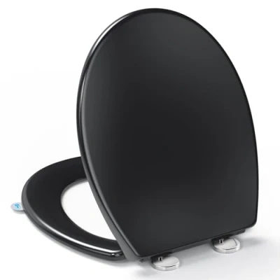 Abbildung von Toilettendeckel mit Absenkautomatik O Form, YEAUPE PRO WC Sitz Puller Lid, Toilettensitz Quick Release Funktion für einfach Reinigung, 150 kg belastbar, Schwarz, 44,6 x 37,2CM