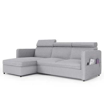 Abbildung von GREKPOL Sofa mit Schlaffunktion 160x220 Hellgrau Cord Poso Ecksofa und Bettkasten 3 Sitzer Schlafsofa Couch