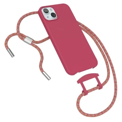 Abbildung von EAZY CASE Hülle mit Band kompatibel iPhone 15 Plus Handyhülle für Silikonhülle Mikrofaser stoßfest Fallschutz Handykette zum Umhängen 2in1 Schutzhülle Handykordel Beeren Rot