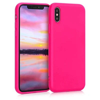 Abbildung von kwmobile Hülle kompatibel mit Apple iPhone X gummierte TPU Silikon Handyhülle Schutzhülle für kabelloses Laden Case in Neon Pink