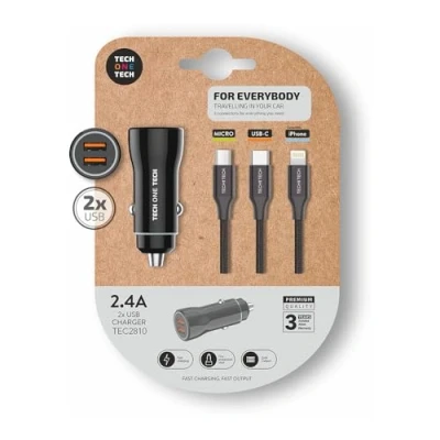 Abbildung von TechOneTech Kfz Ladegerät 2 x USB A + 3 in 1 Micro Kabel, Lightning und C Schwarz