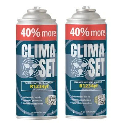 Abbildung von ClimaSet R1234yf Kältemittel Ersatzgas Kühlmittel Klima Auto Gasflasche 2x235 g Klimaanlage Nachfüllset Wohnmobil ECO Refill Dose