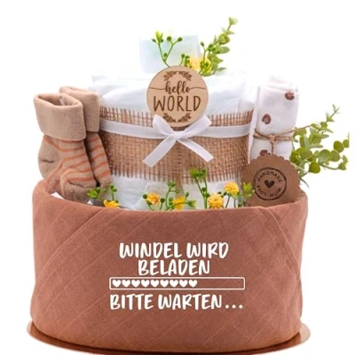 Abbildung von Trend Mama® Windeltorte Boho Style Spruch wählbar 27 Windeln (Gr.2), Musselintuch, Socken &amp; Waschhandschuh Geschenk Geburt (Design Windel Loading)