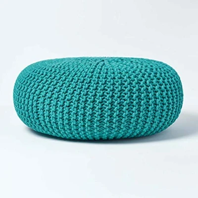 Abbildung von Homescapes Pouf Strickpouf rundes Bodenkissen, Sitzpouf 70 x 23 cm, gepolsterter Sitzhocker, Sitzpuff/Puff mit grob gestricktem Bezug aus 100% Baumwolle, Strickpuff, blaugrün/Petrol