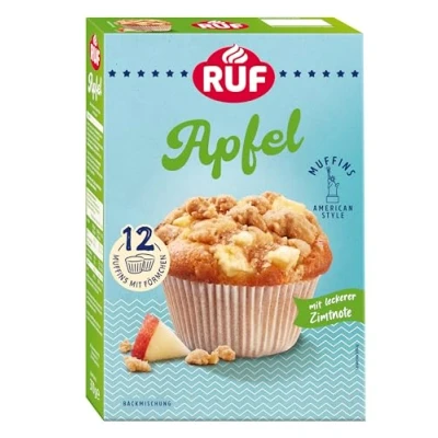 Abbildung von RUF Apfel Muffins Backmischung, fruchtige American Style mit leckerer Zimtnote, einfache Zubereitung, 12 Muffin Förmchen inklusive