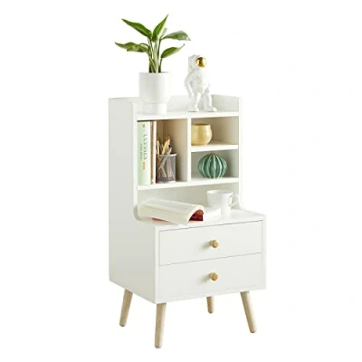 Abbildung von SoBuy FBT100 W Nachttisch mit 2 Schubladen und offenen Fächern Sofatisch Beistelltisch Telefontisch Nachtschrank Nachtkommode BHT ca.: 43x81x36cm