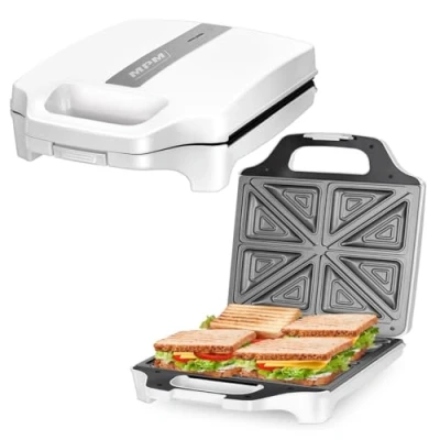 Abbildung von MPM MOP 35 Sandwichmaker Toaster für 8 dreieckige Sandwiches/Panini Antihaftbeschichtete Platten Automatische Temperaturregelung Elektrisch 1600 W Weiß und Silber