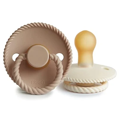 Abbildung von FRIGG Rope Schnuller 2 Packung Latex BPA Frei Hergestellt in Dänemark Symmetrischer Sauger Kirschform (Cream/Croissant, Größe 1 (0 6 Monate))