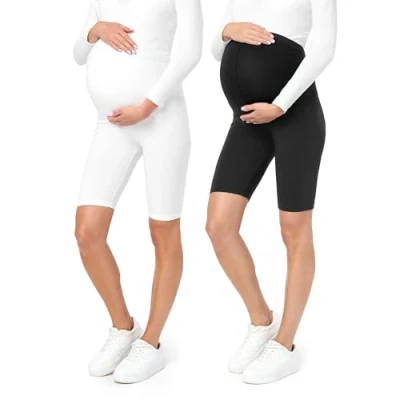 Abbildung von Be Mammy Damen Kurze Umstandsleggings 2er Pack bequeme und Schwangerschaftsleggings aus Baumwolle Umstandshose Umstandsmode für Sommer BE20 228 (2Pack Schwarz/Weiß, L)
