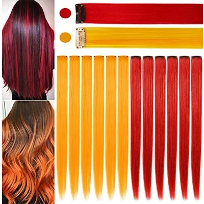 Abbildung von JCHDWSGUO 10 Stück Farbige Haarverlängerungen 21 Zoll Hitzebeständige Synthetische Glatte Bunte Clip in Mädchen Damen Holiday Party Hair Highlights (Rot,Orange)