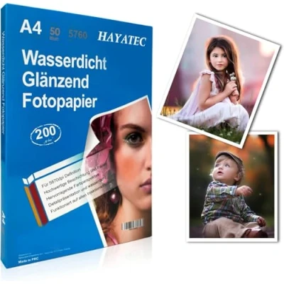 Abbildung von HAYATEC 50 Blatt Fotopapier A4 hochglänzend Tintenstrahldrucker 200g/m² Photopapier Fotokarten Photokarten Sofort Trocken Wasserfest Hochweiß