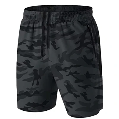 Abbildung von Herren Sport Shorts Kurze Hose Schnell Trocknend Sporthose Leicht mit Reißverschlusstasche(Camo Grau,EU 5XL/US 4XL)