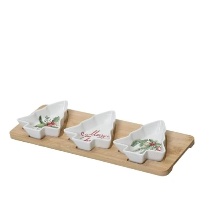 Abbildung von Kaemingk Servierschalen in Tannenbaum Form mit Holztablett 33x12cm Porzellan Schalen Set für Tapas Antipasti Fingerfood Servierplatte Snack und Dipschalen Dipschälchen Plätzchenteller
