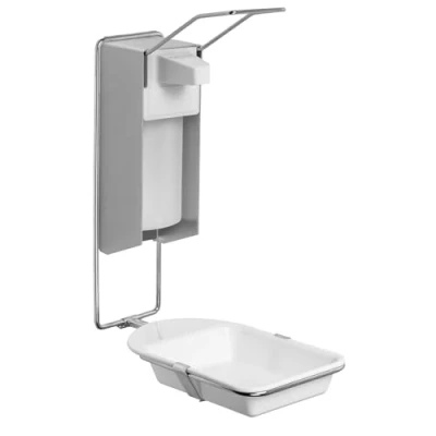 Abbildung von 1x ARNOMED Desinfektionsspender mit Tropfschale, Aluminium Seifenspender für 500ml, zur Wandbefestigung langem Armhebel, Eurospender Desinfektionsmittel, Soap Dispenser, Spender