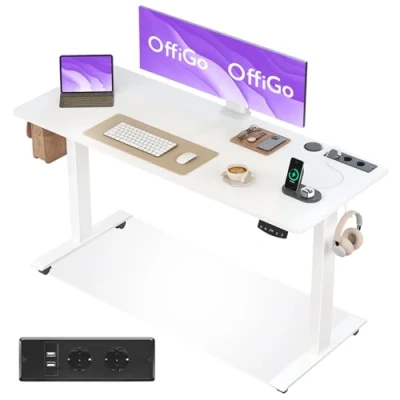 Abbildung von OffiGo Höhenverstellbarer Schreibtisch, 140cm, Elektrischer Schreibtisch mit USB, Höhenverstellbar 2 Memory Funktion, Tisch für Büro, Zuhause, Gaming, Weiß