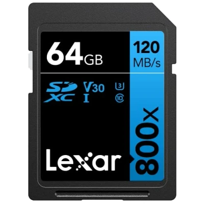 Abbildung von Lexar High Performance 800x SD Karte 64GB, Speicherkarte SDXC UHS I BLUE Series, Class 10, U3, V30, Bis zu 120 MB/s Lesen, für Point and Shoot Kameras, DSLR HD Camcorder (LSD0800064G BNNAG)