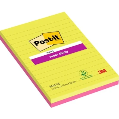 Abbildung von Post it 5845SSEU Haftnotiz Super Sticky Notes, 127 x 203 mm, 45 Blatt, liniert, 2 Stück, neongrün, ultrapink