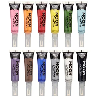 Abbildung von Moon Creations Tuben für Gesichts und Körperfarbe mit Pinselapplikator, 12er Set, 15 ml, gebrauchsfertig, tierversuchsfrei, Gesichtsfarbe, Kostüme, Feste, Halloween Kinder, Erwachsene (blau)