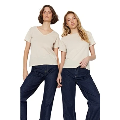 Abbildung von TRENDYOL Damen Suprem V ausschnitt und Rundes Kragen 2 Packung Basic Gestricktes T Shirt Western, Beige, L